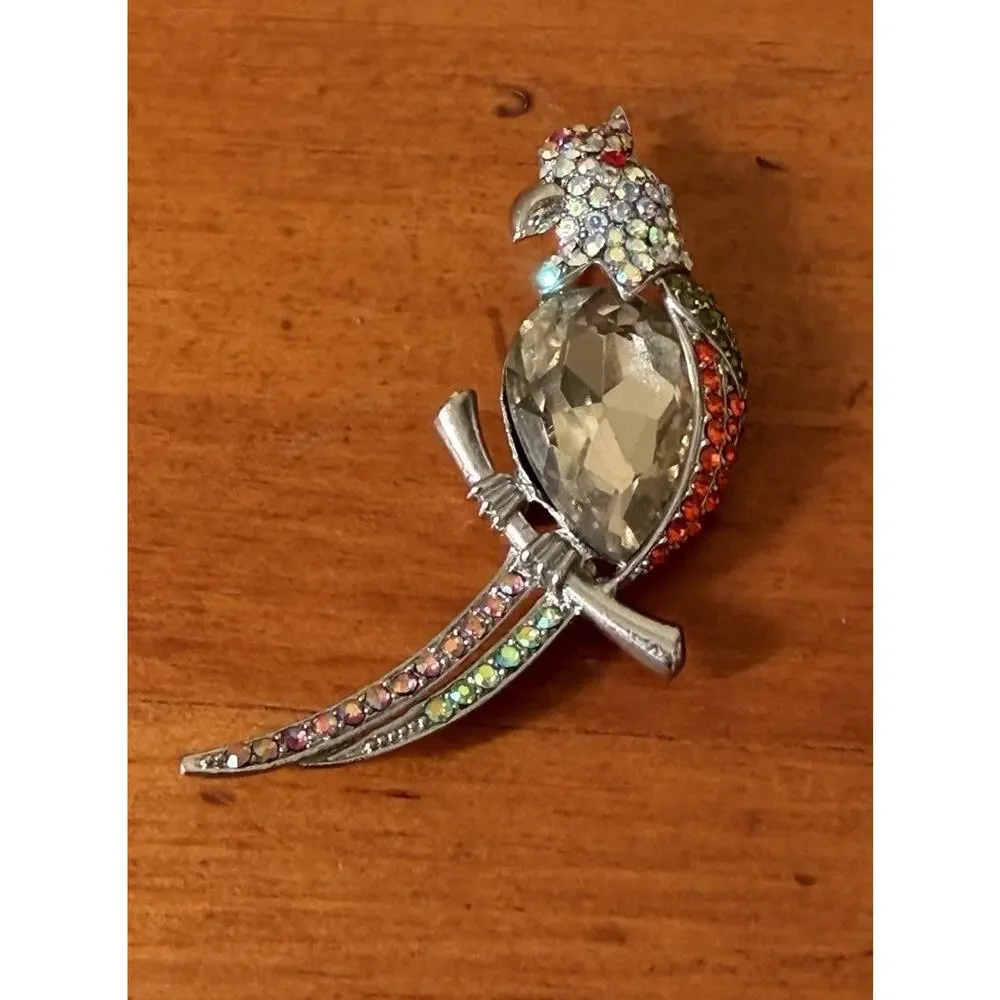 Crystal Parrot Silver Tone Brooch Multicolor Crystal Rhinestones Tropical Bird